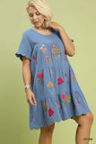 Embroidered Tiered Cotton Baby Doll Dress in Denim Blue