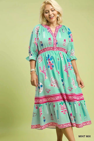 Floral Collage Dress with Contrast Print in Mint