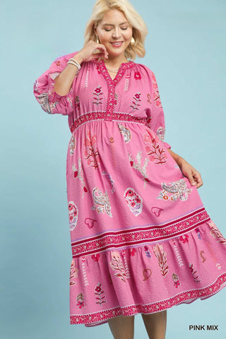 Floral Collage Dress with Contrast Print in Pink