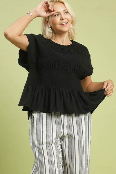 Linen Blend Smocked Peplum Top