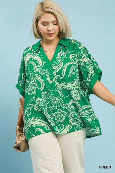 Paisley Print Collar Top in Green