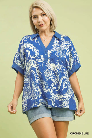 Paisley Print Collar Top in Blue