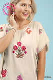 Embroidered Floral Linen Cotton Top in Oat