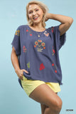 Embroidered Floral Linen Cotton Top in Blue
