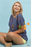 Embroidered Floral Linen Cotton Top in Blue
