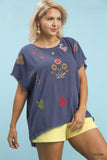 Embroidered Floral Linen Cotton Top in Blue