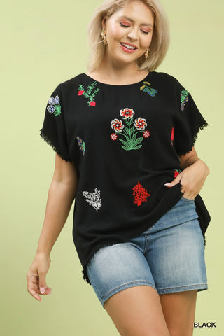Embroidered Floral Linen Cotton Top in Black