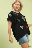 Embroidered Floral Linen Cotton Top in Black