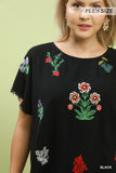 Embroidered Floral Linen Cotton Top in Black