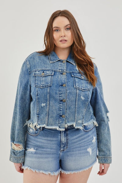 Distressed Denim Jacket in Dark Wash