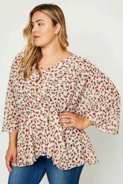 Light Taupe Red Floral Chiffon Top