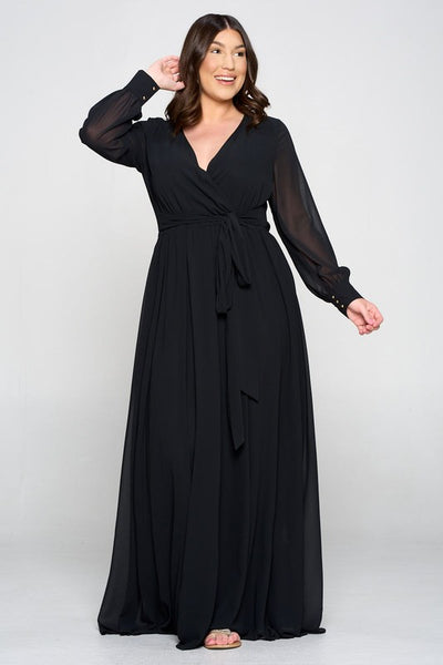 Long Sleeve Chiffon Gown in Black