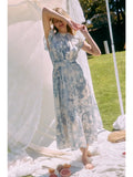 Soft Blue Floral Ruffle Neck Dress