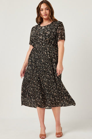 Black Floral Pleated Midi Dress