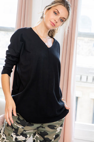 Cozy Front Seam Sweater Top in Black