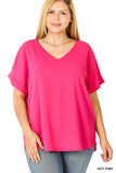 Rolled Sleeve V Neck Top in Pink