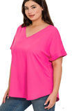 Rolled Sleeve V Neck Top in Pink