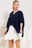Collared V Neck Flowy Top in Navy