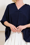 Collared V Neck Flowy Top in Navy