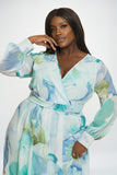 Soft Blue Floral LS Chiffon Gown