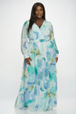 Soft Blue Floral LS Chiffon Gown