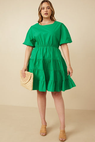 Cotton Tiered Bow Back Dress in Green