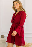 Pleat Sleeve Ruffle Detail Dress in Merlot