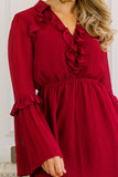 Pleat Sleeve Ruffle Detail Dress in Merlot