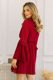 Pleat Sleeve Ruffle Detail Dress in Merlot