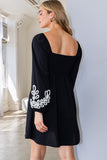 Embroidered Sleeve Black Dress