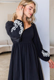 Embroidered Sleeve Black Dress