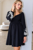 Embroidered Sleeve Black Dress