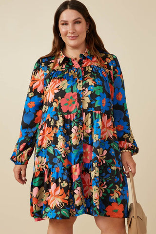 Black Floral Satin Shirt Dress