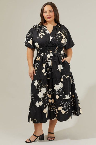 Black & Cream Floral Cotton Midi Dress