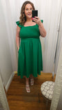 Smocked Square Neckline Midi Dress in Green