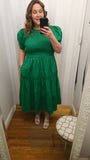 Smocked Bodice Poplin Tiered Midi in Green