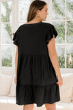 Solid Black Tiered V Neck Dress