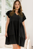 Solid Black Tiered V Neck Dress