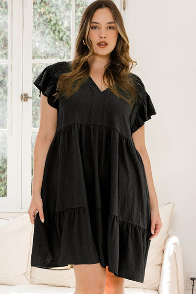 Solid Black Tiered V Neck Dress