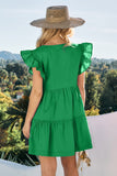 Solid Cotton Ruffle Tiered Dress in Green
