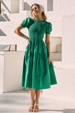 Smocked Bodice Poplin Tiered Midi in Green