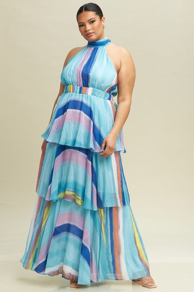 Multi Colour Tiered Halter Maxi