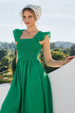 Smocked Square Neckline Midi Dress in Green