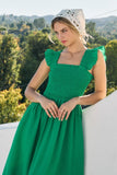 Smocked Square Neckline Midi Dress in Green