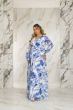 Blue and White Print Chiffon Gown