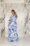 Blue and White Print Chiffon Gown