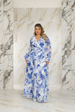 Blue and White Print Chiffon Gown