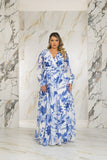 Blue and White Print Chiffon Gown