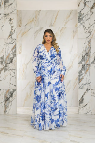 Blue and White Print Chiffon Gown