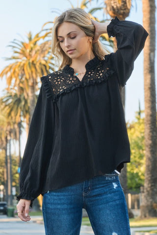 Long Sleeve Eyelet Lace Top in Black